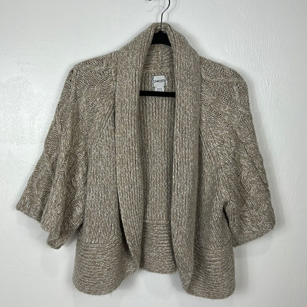 Chico’s Heather Pale Brown Cable Knit 3/4 Sleeves Cardigan Sweater Size L